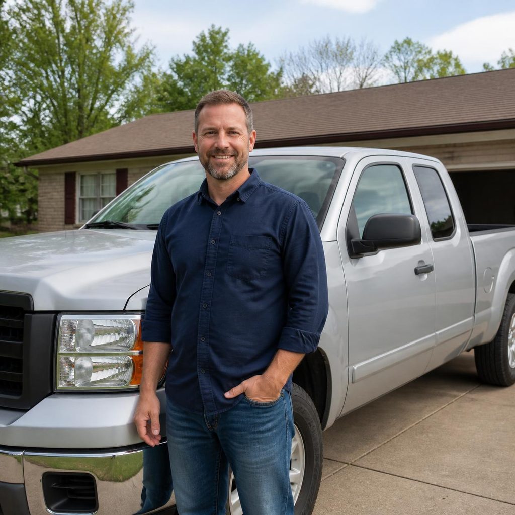 Man standing beside his pickup truck, a FLEXIcash title loan customer in Missouri